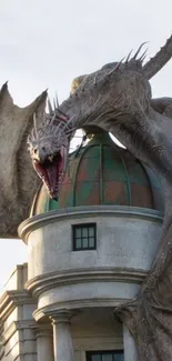 Majestic dragon atop historic building with open mouth.