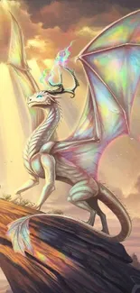 Majestic dragon on a cliff in ethereal fantasy light.