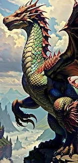 Majestic dragon on cliff with mountains and colorful sky.