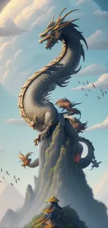 Majestic dragon stands atop a mountain under a bright sky.