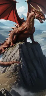 Dragon perched on a mountain peak with scenic landscape view.