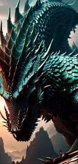 Majestic teal dragon perched on a rugged cliff.