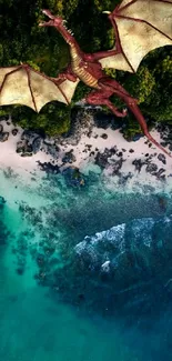 A dragon flying over a turquoise coastal beach with lush greenery.