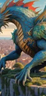 Majestic dragon perched above cityscape in a vibrant fantasy scene.