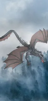 Majestic dragon flying over a misty forest landscape, ideal for fantasy wallpaper.