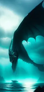 Majestic dragon flying over a mystical teal ocean at dusk.