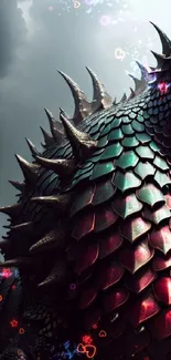 Dragon scales artwork with dark green hues on phone wallpaper.