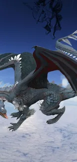 Majestic dragon soaring in blue sky with intricate details.