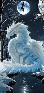 White dragon on snowy night under a full moon with glowing trees.