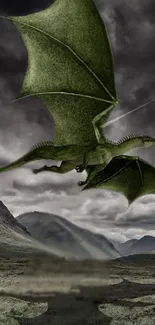 Majestic green dragon flying over mountains under cloudy sky.