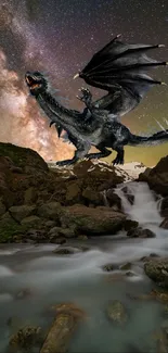 Majestic dragon under a starry night sky cascading over a rocky landscape.