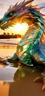 A majestic dragon basking in the sunset glow on a tranquil beach.