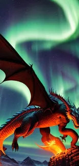 Vivid dragon under shimmering aurora lights in a breathtaking fantasy scene.