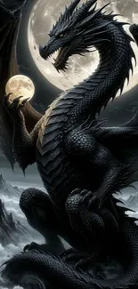 Black dragon holding the moon in a mystical night sky.