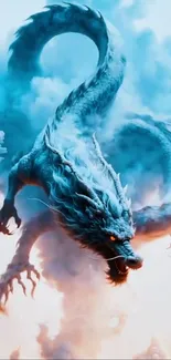 Majestic dragon soaring through clouds in vibrant fantasy art.