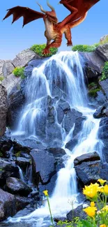 Dragon flying over rocky waterfall with vibrant flowers.