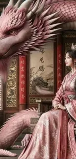 A majestic dragon with a dressed princess in a traditional setting.