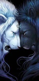 Artistic image of a light and dark lion facing each other.