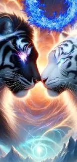 Two mystical tigers facing each other in a cosmic landscape wallpaper.