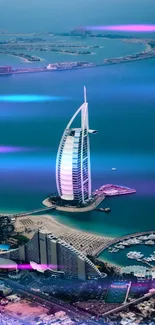 Dubai skyline over blue waters with iconic buildings in view.