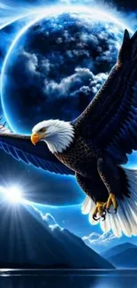 Eagle soaring under a blue moon.