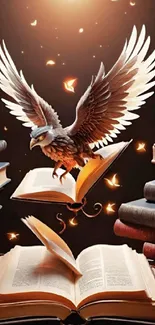 Eagle flying over open books with glowing lights.