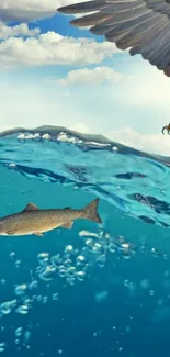 Eagle swooping above a fish in the ocean, under a blue sky.