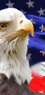 Majestic bald eagle with American flag background symbolizing patriotism.