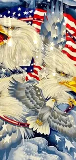 Majestic eagle with American flag backdrop.