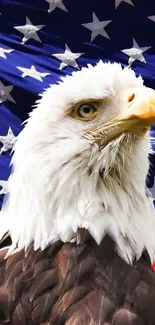 Bald eagle in front of a waving American flag.