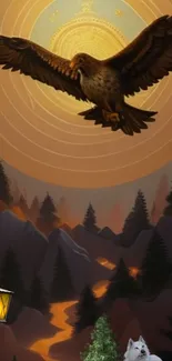 Majestic eagle soaring over mountains at sunset with a glowing sun.