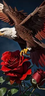 Majestic eagle with red roses on a dark blue background, perfect for mobile wallpaper.