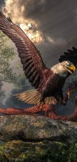 Eagle and serpent in a dramatic forest scene.