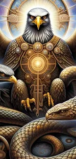 Intricate art of an eagle with serpents in a celestial motif.