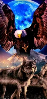 Eagle and wolves under a blue moon.