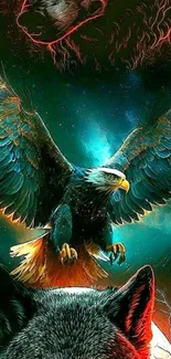 Artistic wallpaper of eagle and wolf with vibrant colors.