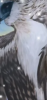 Detailed eagle art wallpaper with feathers and shimmering stars.