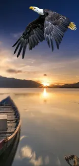 Eagle soaring over sunset lake scenery with boat.