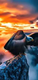 Eagle perched on a mountain peak during sunset with vibrant skies.