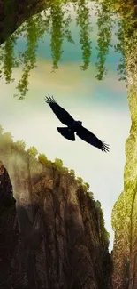 Eagle soaring through majestic canyon with vibrant sky and cliffs.