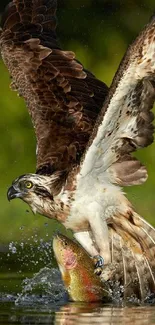 Eagle clutching a fish over water in a nature setting.