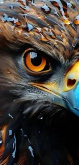 Close-up of an eagle's intense eye and beak.