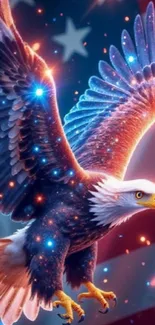 Majestic eagle with vibrant digital feathers on a colorful background.