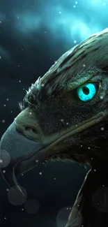 Close-up of an eagle with a vibrant blue eye.