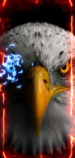 Close-up of a majestic eagle with dual-colored eyes on a dark background.