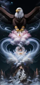 Fantasy wallpaper with a majestic eagle soaring amidst mystical clouds.