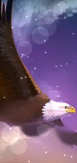 Majestic eagle soaring in a starry purple sky wallpaper.