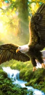 Eagle soaring over a lush green forest with a waterfall background.