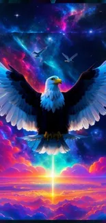 Majestic eagle flying through vibrant galaxy.