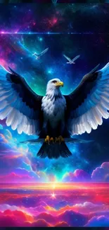 Eagle soaring in a colorful galaxy with vibrant celestial background.